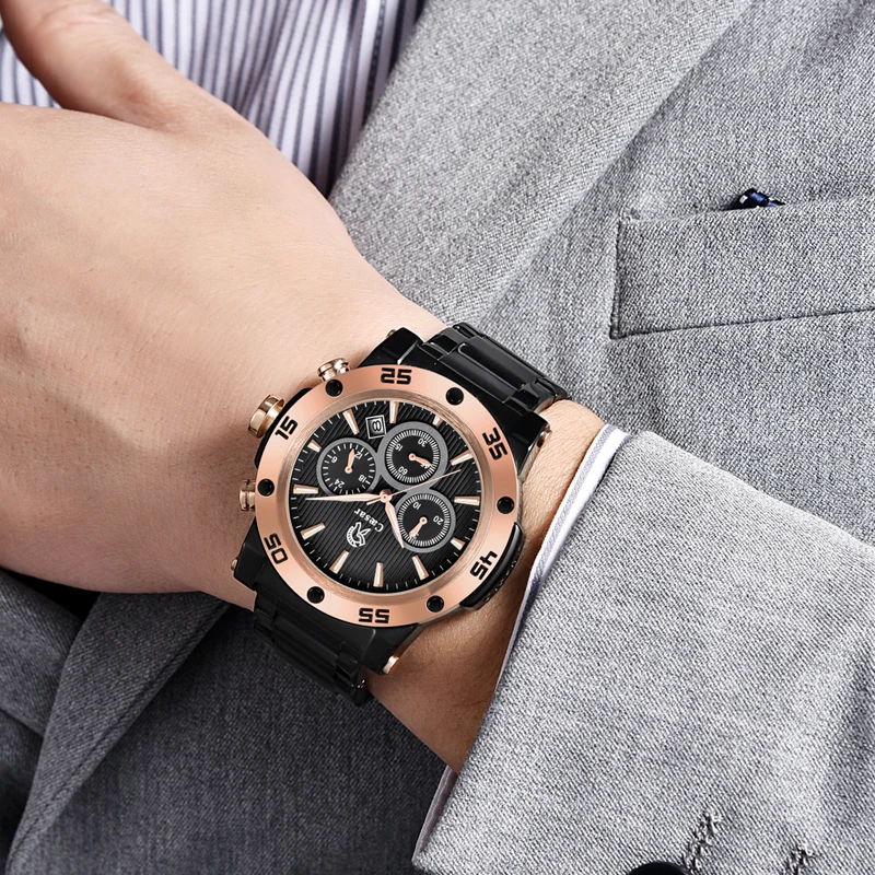 

Caesar fashion Rose Gold Men Black Quartz Chronograph Man Waterproof Skeleton mens Watches Top brand Luxury Watch Wristwatch men