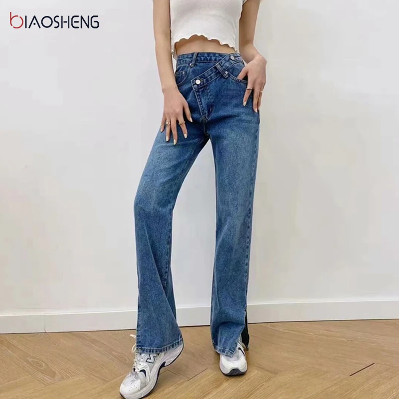 

Split Jeans Woman High Waist 2021 New Streetwear Baggy Mom Flared Jeans Casual Fashion Y2k Wide Pants Vintage Denim Trousers