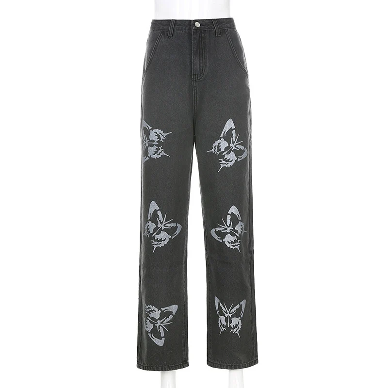 

Women's High-waist Straight-leg Jeans with Butterfly Print Mopping Loose Wide-leg Pants ENDQ