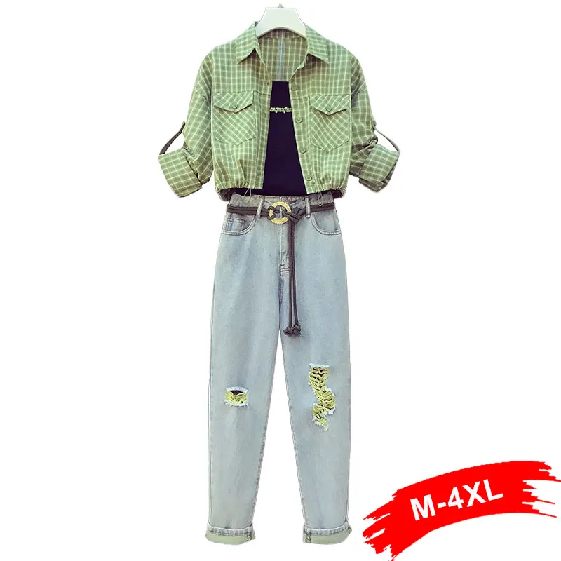 Рваные джинсы шаровары с поясом размера плюс комплект из 3 предметов +