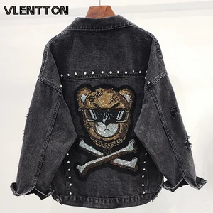 Женская джинсовая куртка, черная Свободная джинсовая куртка в стиле High Street с дырками и стразами, весна-осень 2020