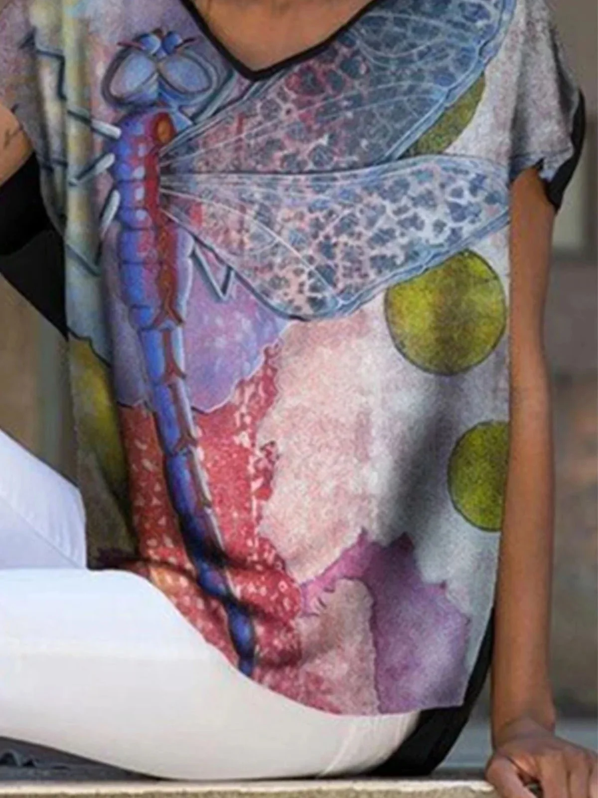 

T-Shirt Ladies Loose Print V-Neck Casual Top Hedging Mid-Length Kawaii Fashion Club Blouses Yellow High Street Women Clothing