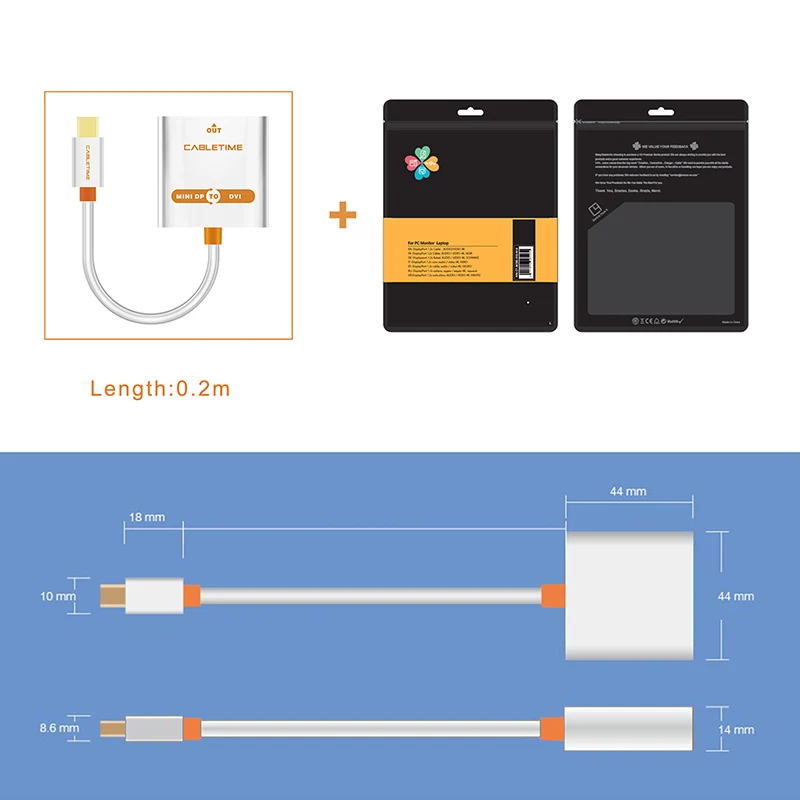 Кабель адаптер CABLETIME Mini Displayport DVI для активного гнезда Thunderbolt DP M F MacBook/Pro/Air