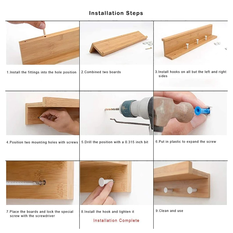 

Bamboo Floating Wall Shelves with 4 Hooks Entryway Shelf Hanging Coat for Living Room Bathroom Ornaments Display Rack