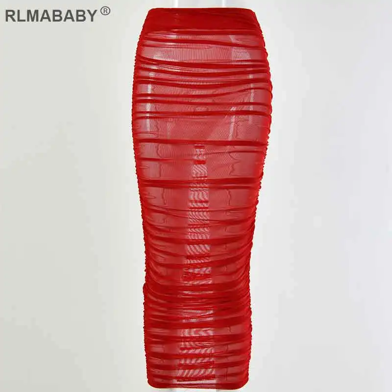 Летние rlmababy пляжные вечерние пикантные сетчатые юбки прозрачные длинные макси Прозрачные юбки Высокая Талия Ruched прозрачные Клубные юбки красного цвета