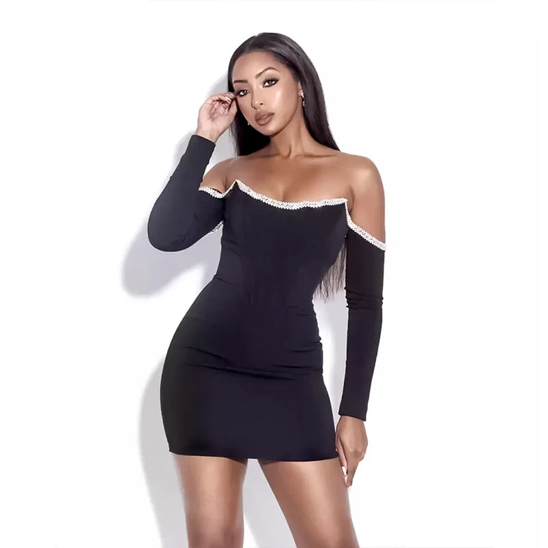 

Celebrity High-end Bandage Long Sleeve Dress Party Elegant Autumn Strapless Sexy Luxury One Neck Dress Streetwear Vestido Women