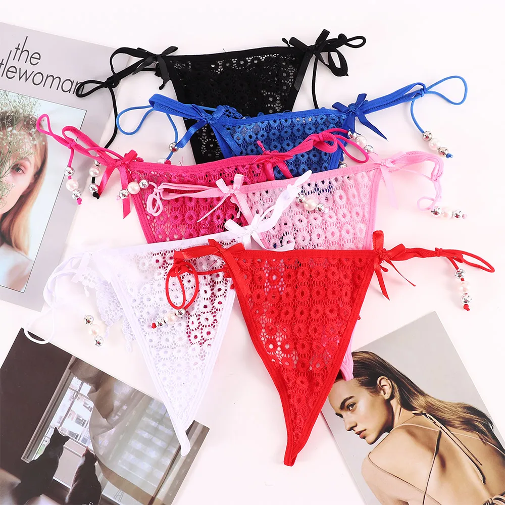 

Women Panties Sheer Lace Adjustable Panties Thongs G-Strings Sexy Low Waist Hollow Out Adjustable See Through Panties