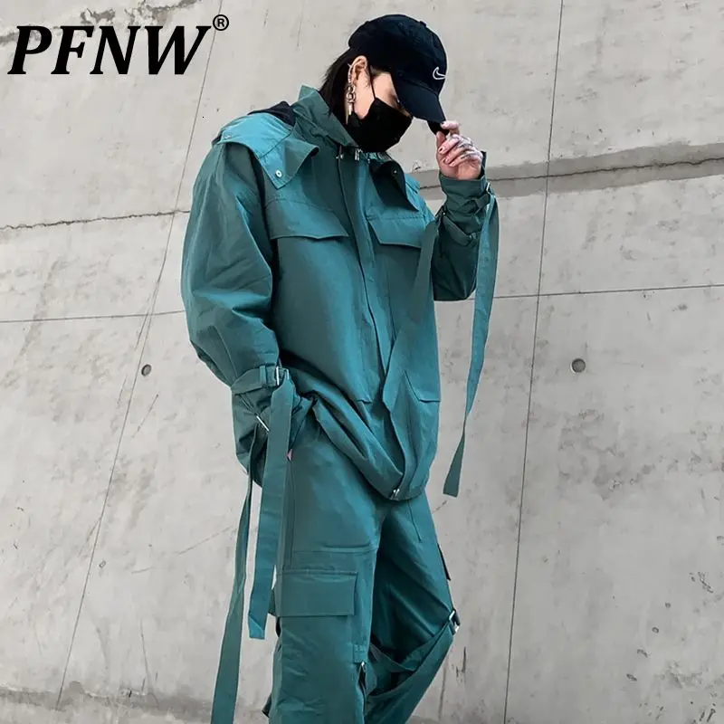 

PFNW Men's Ribbons Cargo Clothes 2021 Autumn New Hooded Tooling Jacket Trends Loose Long Sleeve Teens Green Casual Coats 12X1260