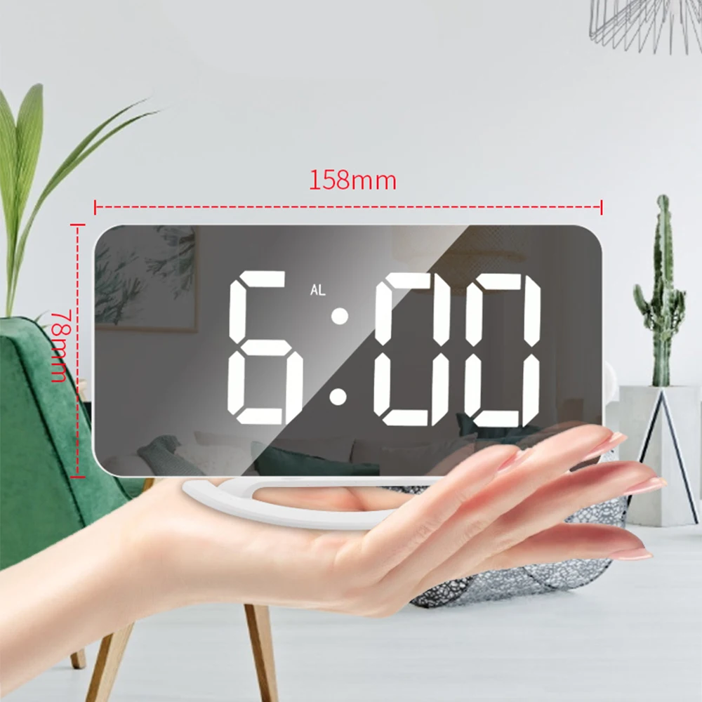 

ED Mirror Screen Alarm Clock Creative Digital Clock Voice Control Snooze Time Date Temperature Display Rectangle/Round Style