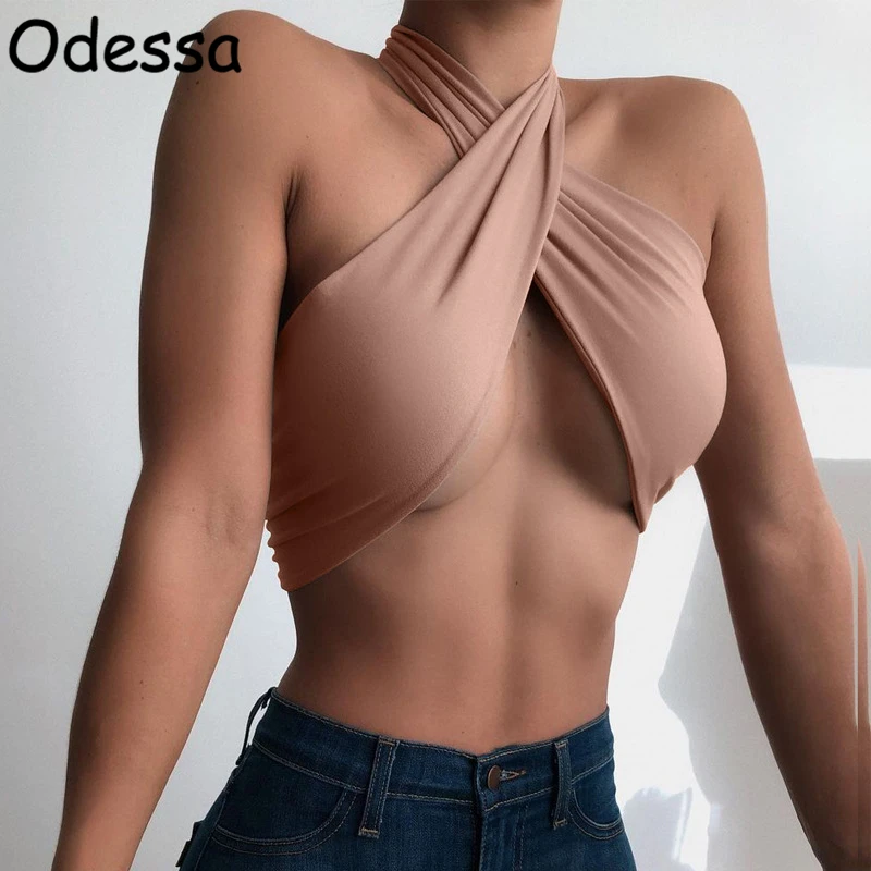 

Элегантный бандажный кроп-топ с перекрестными лямками, женские пляжные топы для вечерние, женские ажурные майки с лямкой на шее, женские вес...