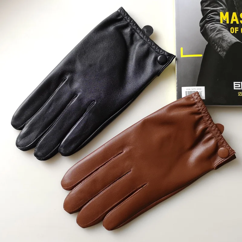 Real Leather Gloves Male Thin Touchscreen Short Button Sheepskin Gloves Fashion Simple Driving Gloves Man TB153