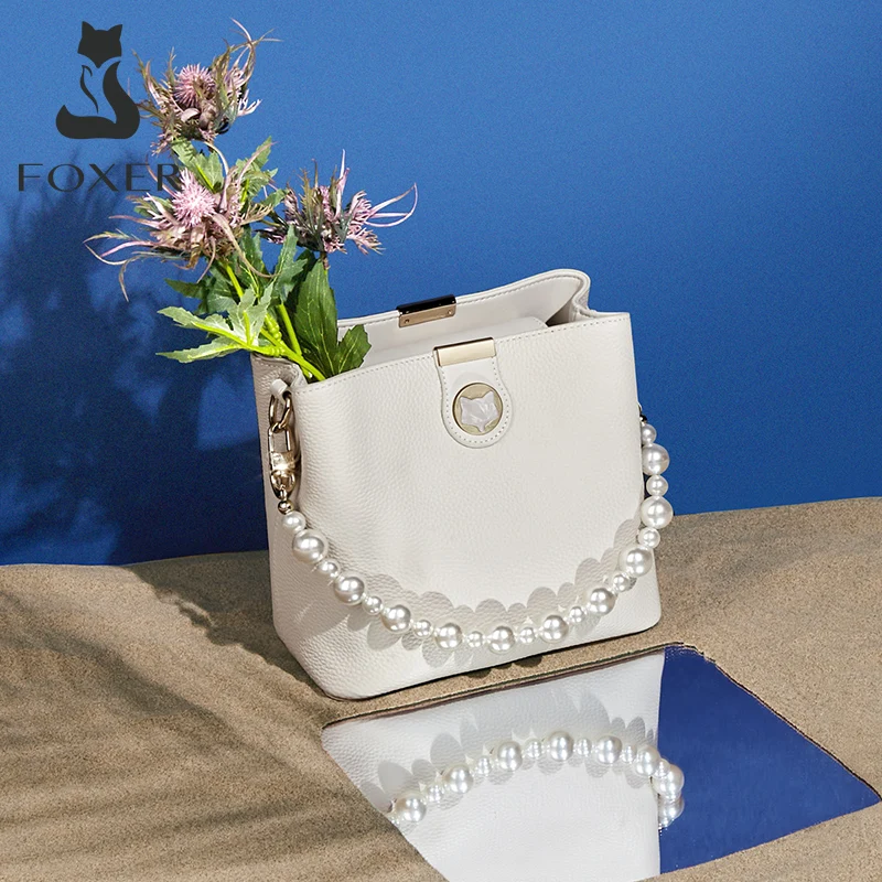 foxer natural leather ladies pearl portable bucket bag casual fashion shoulder bag large capacity office women messenger bag free global shipping