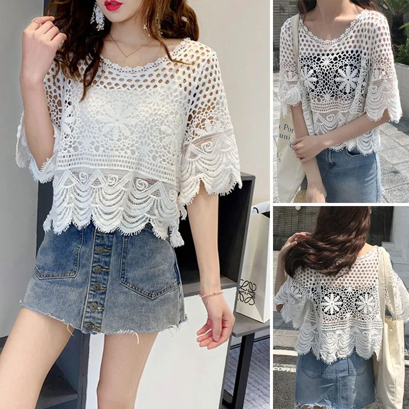 

Ladies blouses summer sweet O-Neck knitted hollow out flare sleeve blouses tops sexy lace embroidery casual wild blouses , #H