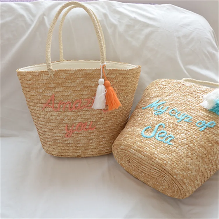 Summer Fashion Letter Printing Handmade Straw Bag Ladies Retro Rattan Woven Handbag Leisure Tassel Shoulder Bag Travel Beach Bag