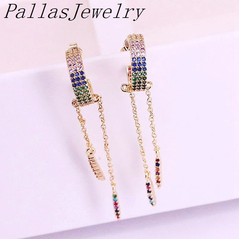 

5Pairs, 2019 New Earrings Colorful Cz Rainbow Gold Tassel Delicate Dangle Earring Girl Women Jewelry