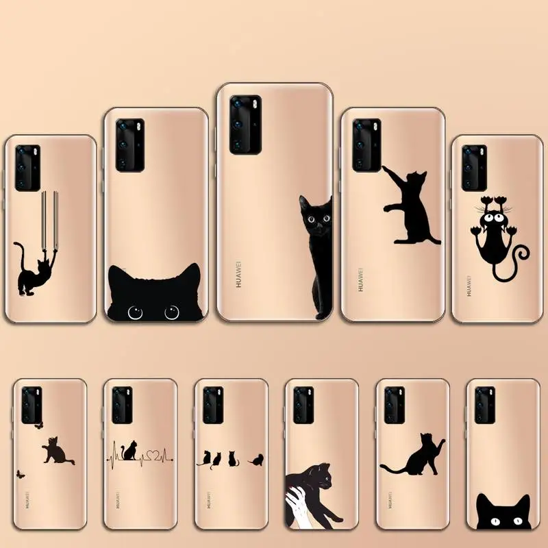 

black cat cartoon animal Phone Case Transparent for Huawei P 40 20 30 10 mate pro lite plus luxury funda cover capa