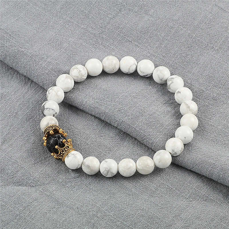 8mm Natural Matte Stone Black White Bead Charm Bracelets&ampBangle King Queen Crown Handmade Elastic Bracelet for Woemn Men Jewelry |