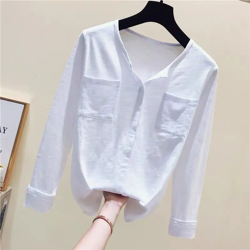 

Cotton 100% Solid Women T-Shirts Summer New V-Neck Pocket Long-Sleeved Causal All Match Female Pulls Tops Tees Oversize 3XL