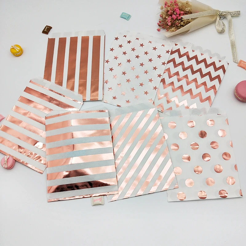 25 шт. подарочные пакеты из розово-золотистой бумаги в полоску с нашивками