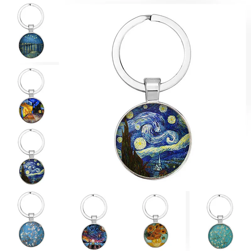 

Starry Van Gogh Sunflower Round Glass Cabochon DIY Van Gogh Art Oil Pendant Keychain Men's and Women's Gifts