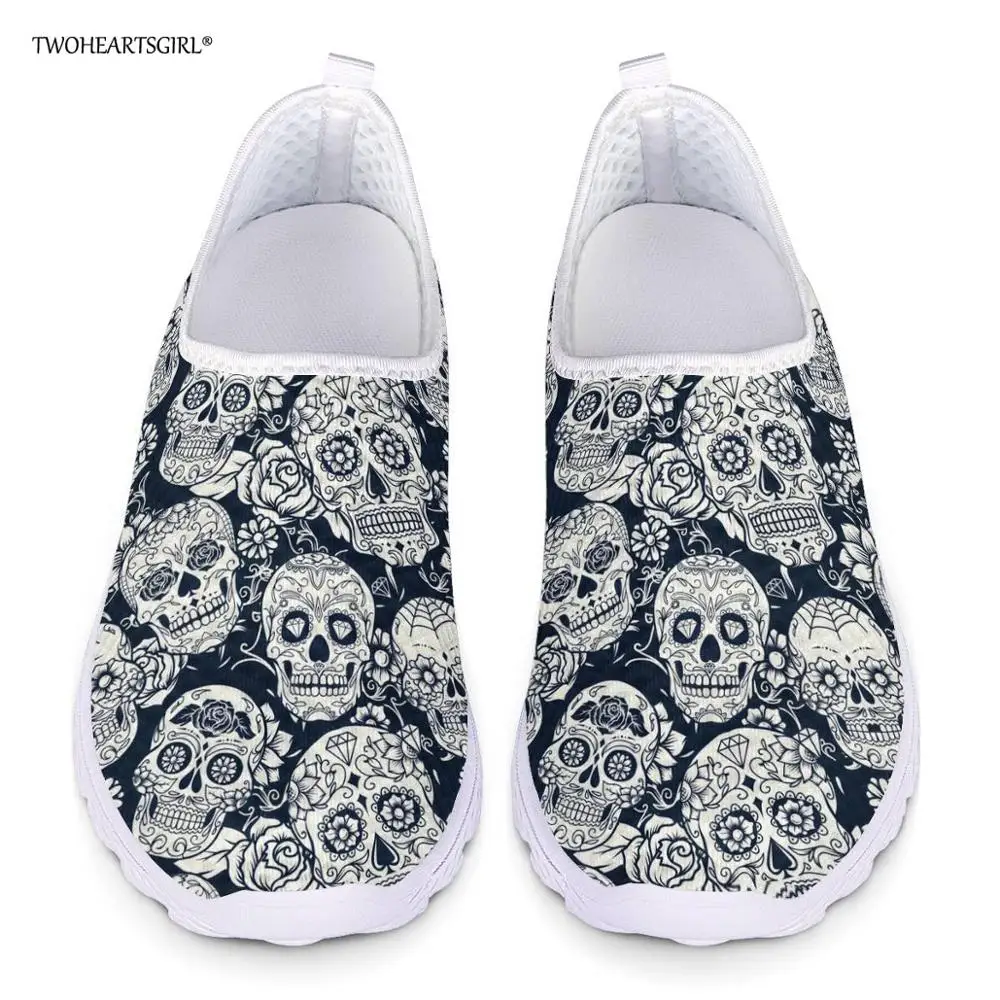 

Twoheartsgirl Breathable Sugar Skull Print Mesh Shoes Classic Ladies Flat Loafers Slip-on Lightweight Female Girls Sneakers