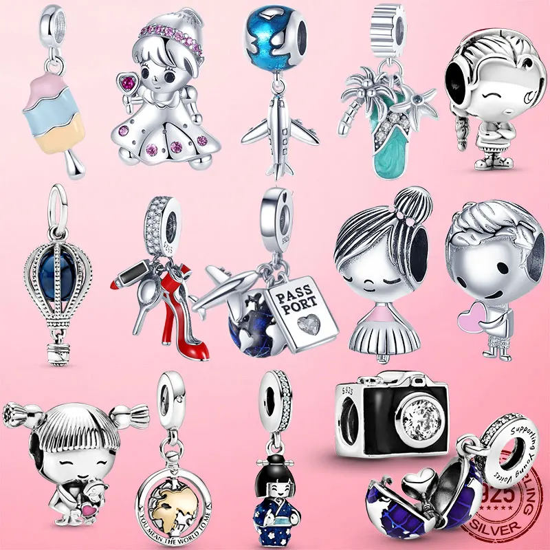 925 пробы серебро путешествия Подвески японская кукла Кофе чашки самолет Камера с