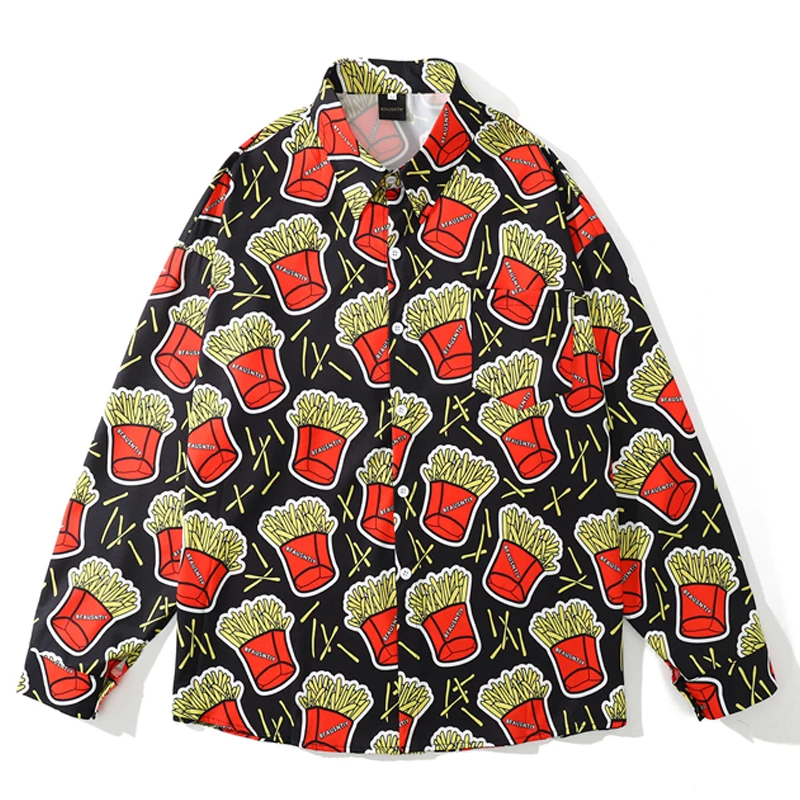 

Long Sleeve Oversized Chic Blouse Mens Hawaii Shirts Summer Male Harajuku Chips Button Shirts Streetwear camisa masculina