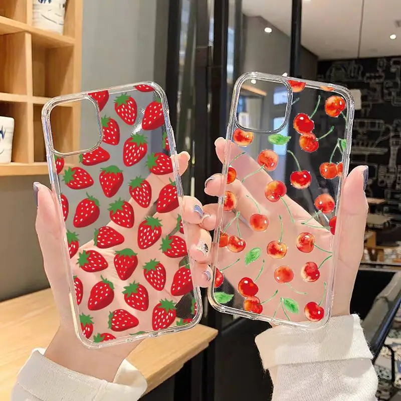 

Cute Strawberry Cherry Phone Case Transparent for iPhone 6 7 8 11 12 s mini pro X XS XR MAX Plus SE cover funda Soft Silicone
