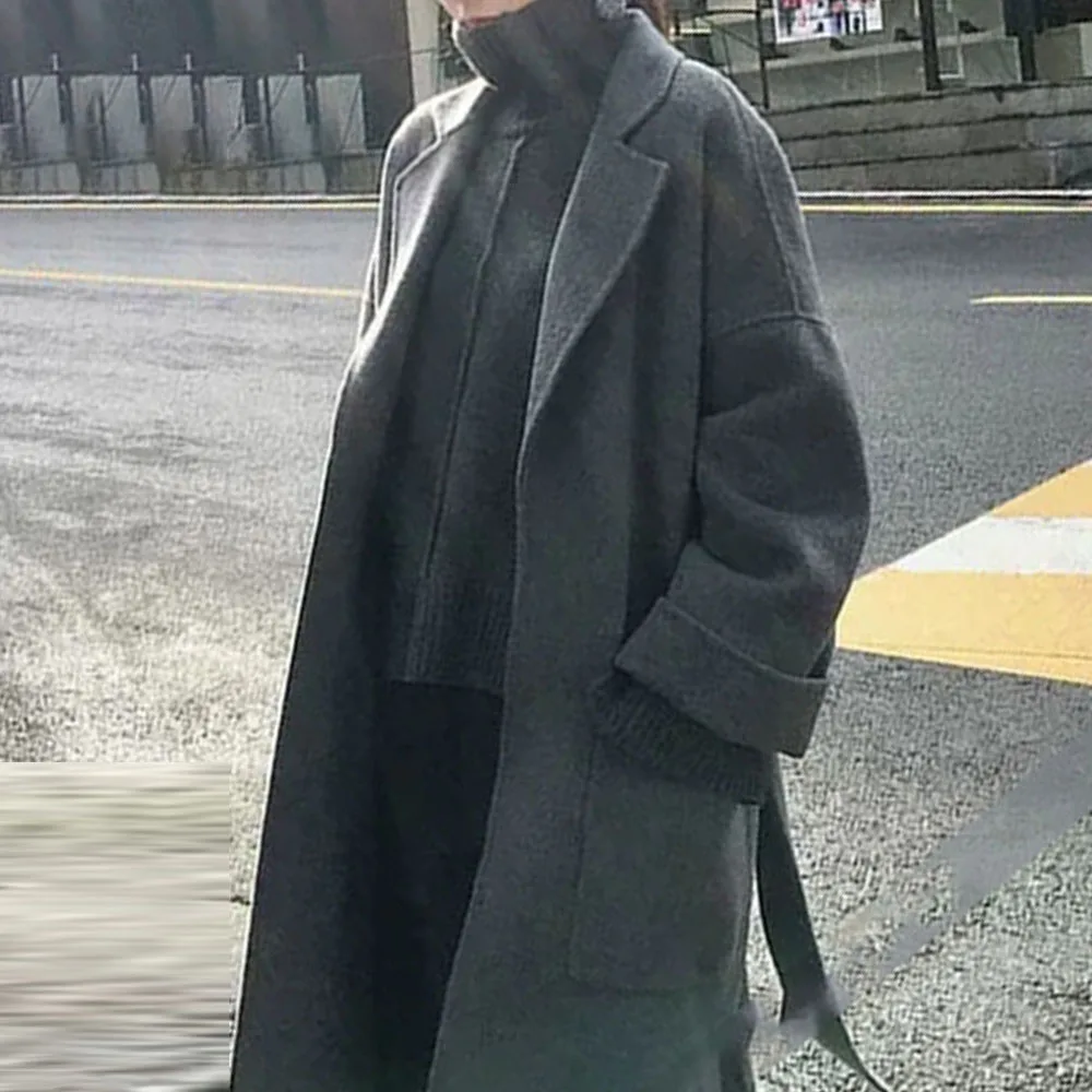 Женское шерстяное корейское офисное элегантное однотонное длинное пальто на