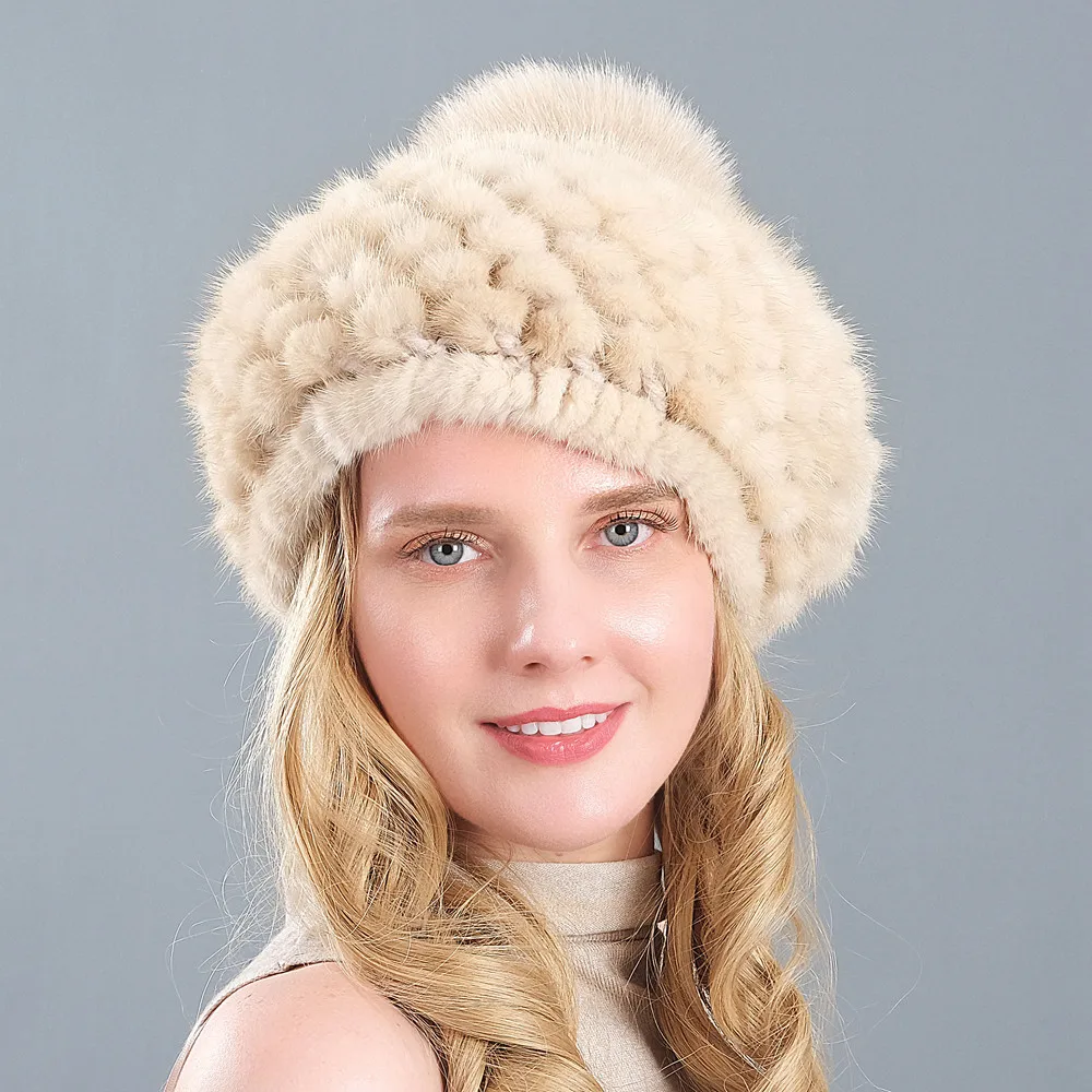 Real Mink Fur Knitted Hat Warm Ear Protection British Fashion Beret Female Winter Fox Fur Ball Hat Hot Selling
