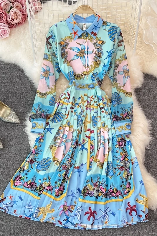 

2021 women's Vintage long sleeve folds dress spring fashion print turn down collar elegant chic party dress oversize Street Robe