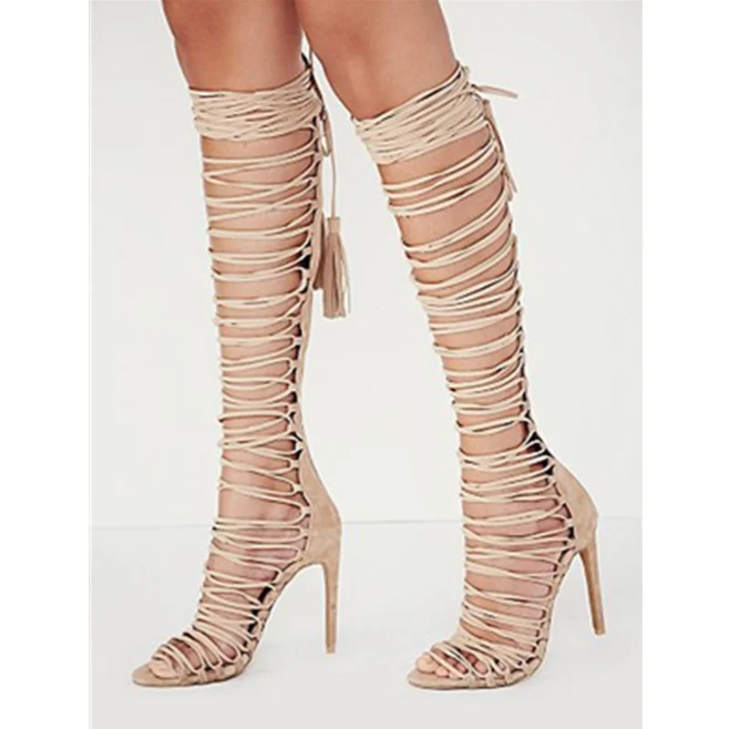 Murah Bohemian Rumbai Wanita Gladiator Sandal Pantai Musim Panas Datar Des Sandales Hollow Keluar Lutut Tinggi Sepatu Wanita Sepatu Stiletto Pompa