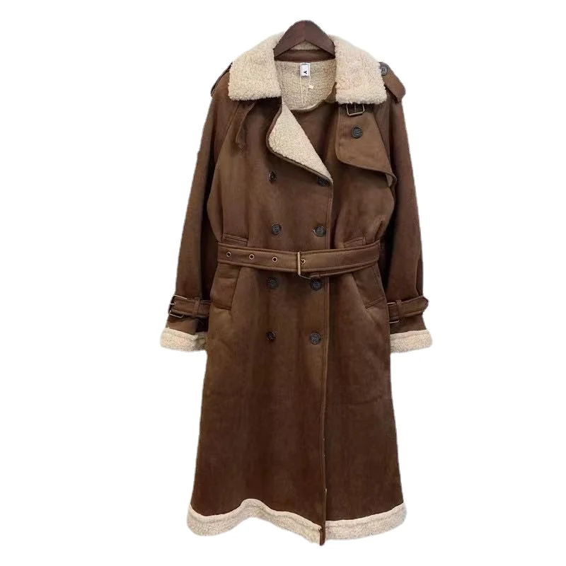 2021 Winter Women Cashmere Lamb Wool Coat Female New Mid-length Loose Jacket Casual Double-breasted Belt Lapel Women Coat