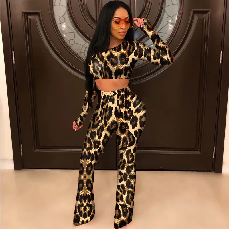 Повседневный леопардовый комплект из 2 предметов Женский костюм с длинным