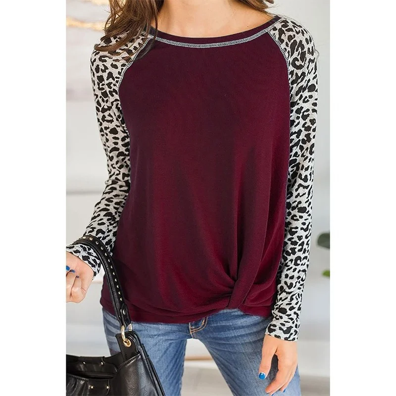 

2021 Long Sleeve Round Neck Leopard Print T-shirt Twisted Hem Top European and American Autumn Women tops for women