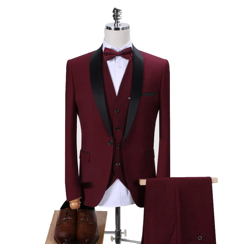 Wine red Shenrun, мужской смокинг, приталенный, модный костюм, Свадебный, шаль, с отворотом, 3 штуки, тощий, однобортный пиджак, для вечеринки, для выпускного, костюм певицы - Цвет: Wine red