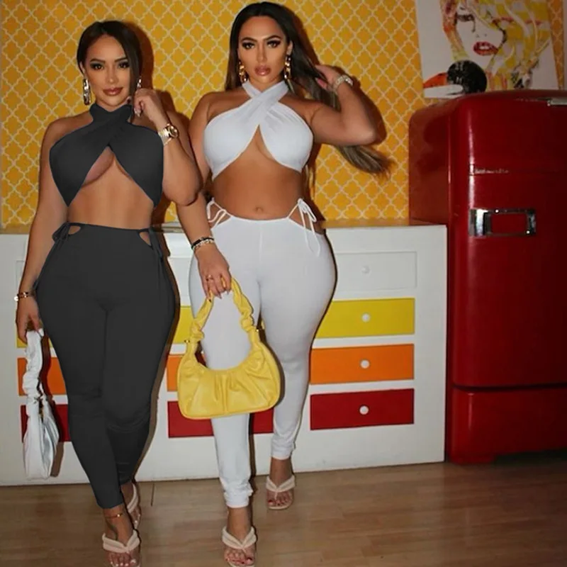 

2021 women's solid color sexy open back wrapped chest and hips tight-fitting sports trousers suit