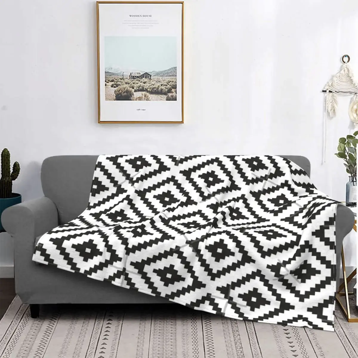 

Manta azteca a cuadros para cama, cubrecamas a cuadros de color negro sobre blanco, Picnic, colchas para cama