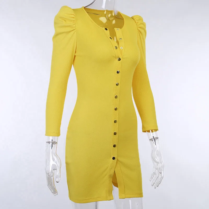 

CHRONSTYLE2020 New Women Autumn Skinny Mini Dress Puff Sleeve Solid Color Buttons Down Knitting Round Neck Fitting Party Dress