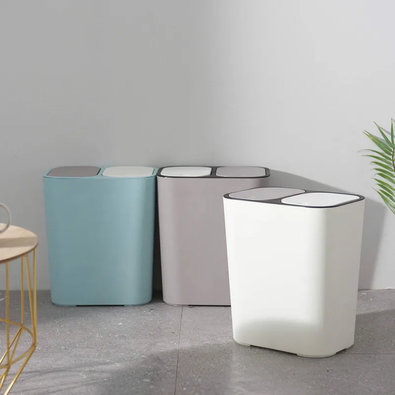 Пластиковая кнопочная мусорная корзина с двумя отсеками 12 литров прямоугольная