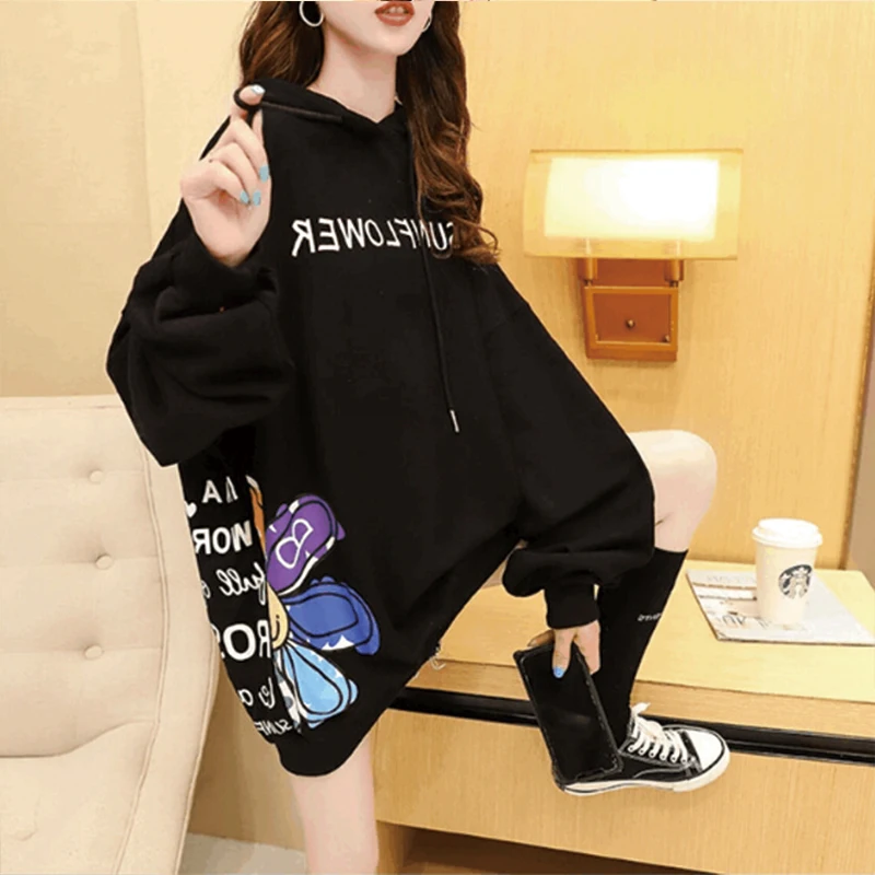 

Korean Women Sweatshirts Autumn Winter Fashion Thick Fleece Print Casual Hoodies Mid Length Black Hoodie Oversize Free shipping