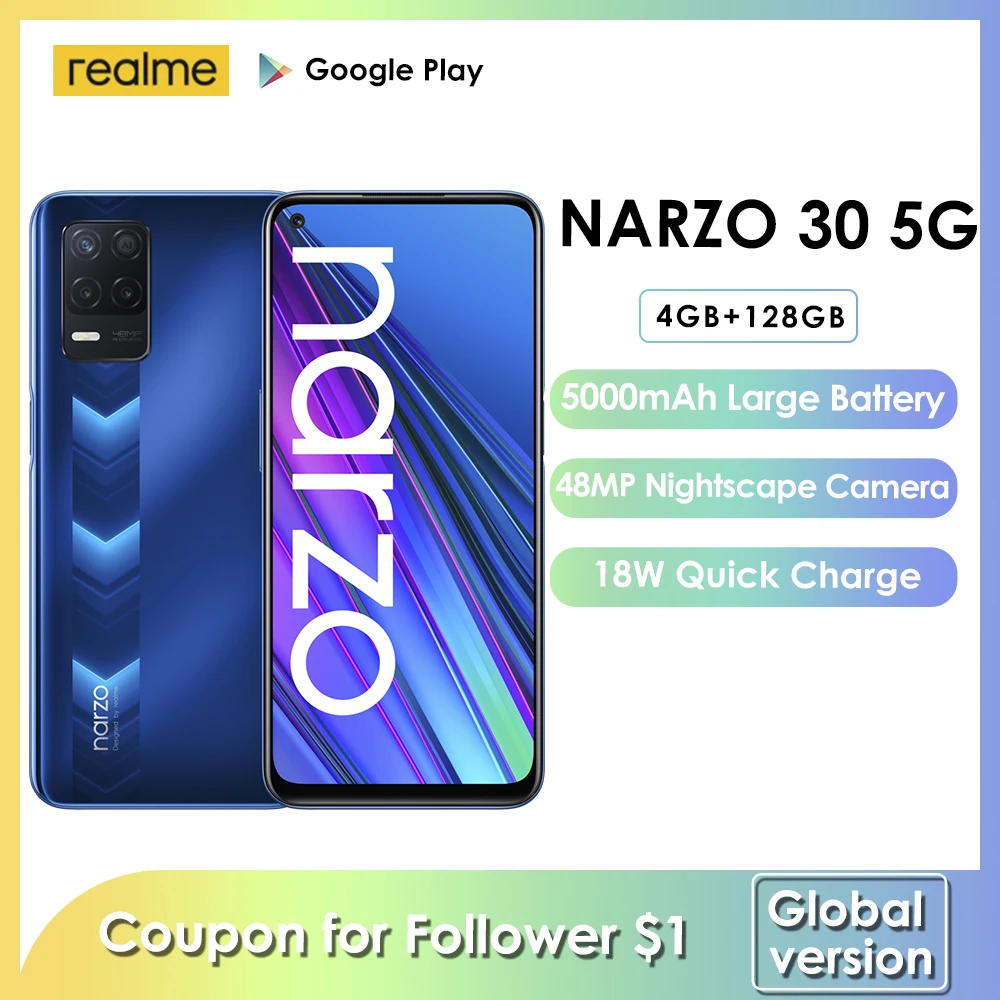Realme Narzo 30 5G глобальная версия 4 Гб 128 90 Гц Дисплей Новинка мировая премьера Dimensity 700