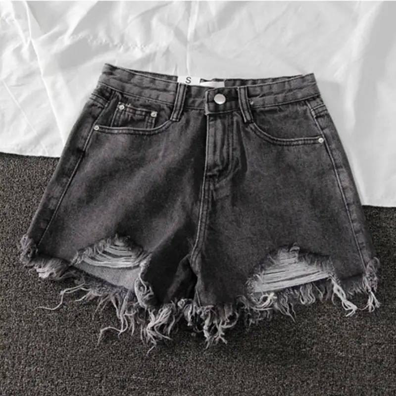 

2021 Women Wide Leg Hole Black Denim Shorts Casual Female Streetwear Loose Solid Color White Jeans Shorts Casual Female Shorts