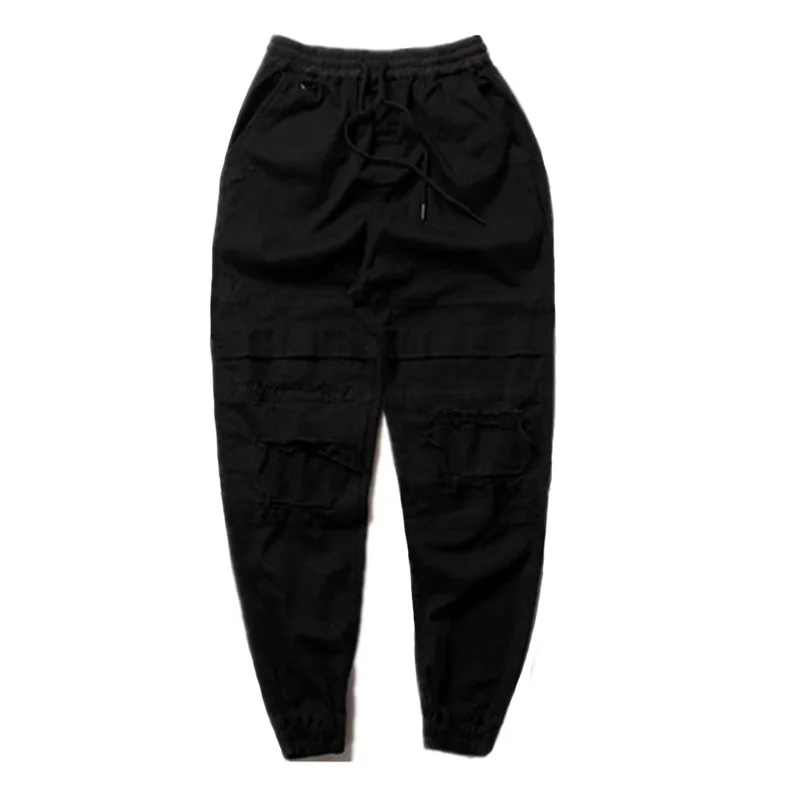 

Knee Ripped Jogger Pants Men Hip Hop 2020 Drawstring Elastic Waist Destroyed Black Broken Trouser High Street Joggers