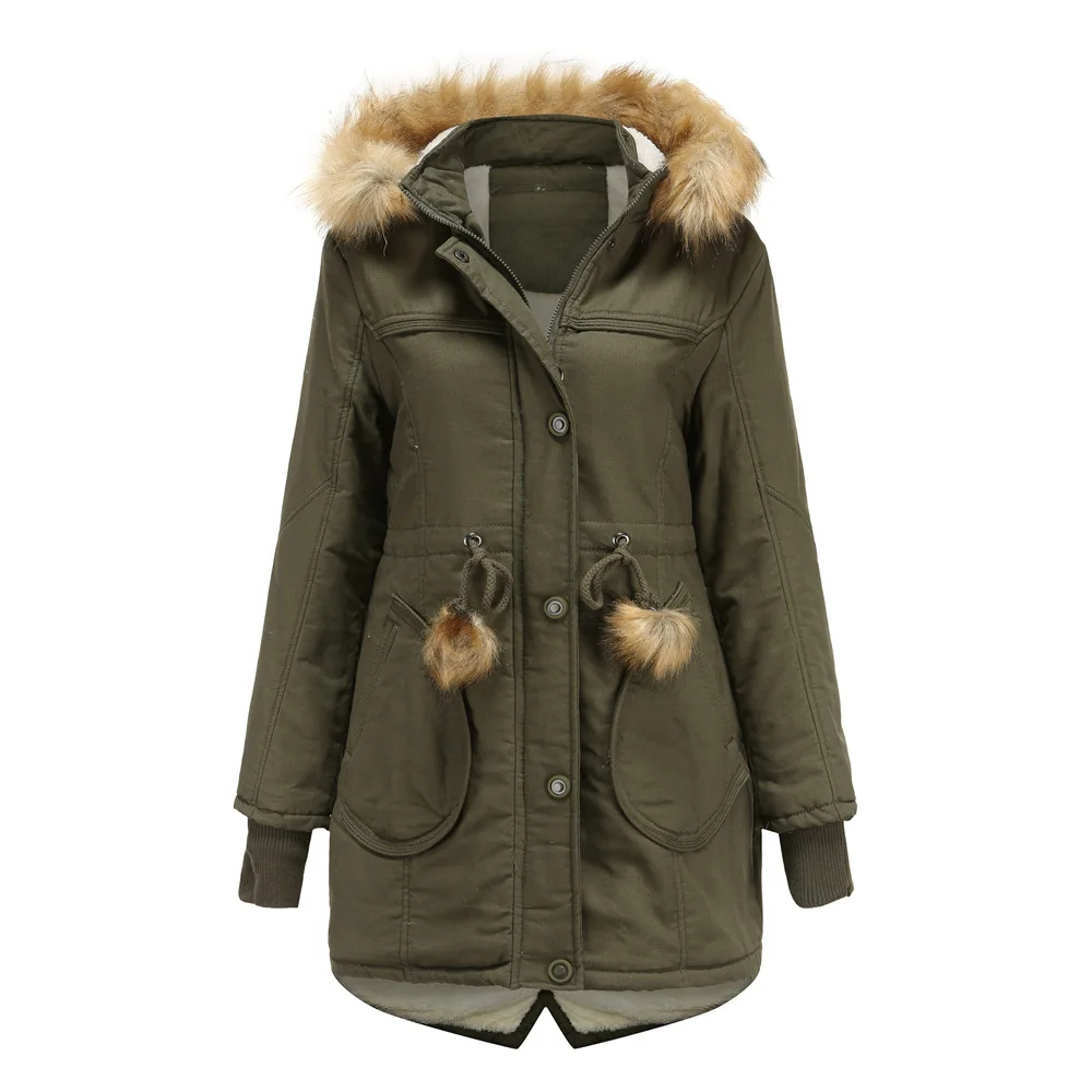 

2020 Women's Cotton-padded Jacket Fleece Mid-length Detachable Hood Fur Collar Winter Warmth Plus Velvet Thick Casual Coat Women