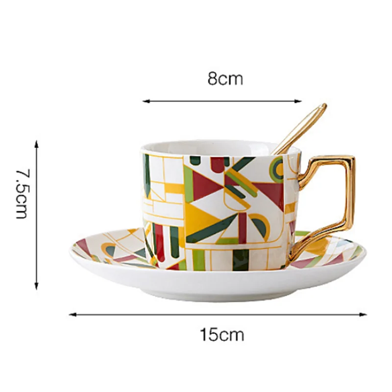 

Hot Sell Creative Geometric British Style Handle Bone China Coffee Cup and Saucer Ceramic Tea Cup Afternoon Tea Cup Water Cup