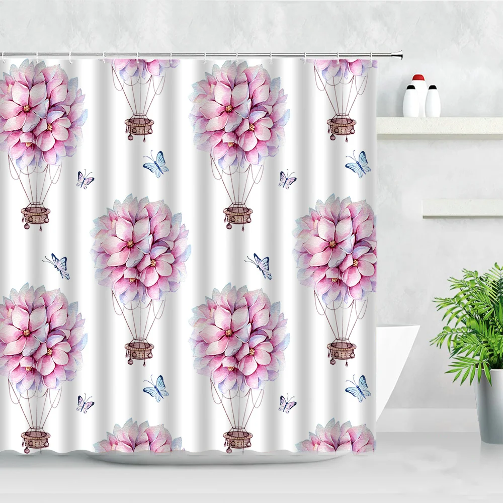

Занавески для душа с креативными цветами и воздушным шаром, водонепроницаемая ткань с розовым цветочным принтом бабочки, с крючками, Комплект штор для ванной комнаты