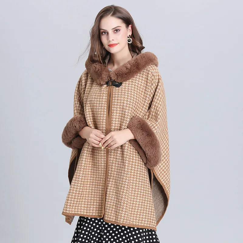 

New 2019 European Women's Knitted Loose Sweaters Plus Size Cardigans Faux Fur Patchwork Hooded Jumpers Cloak Capes Outerwear Top