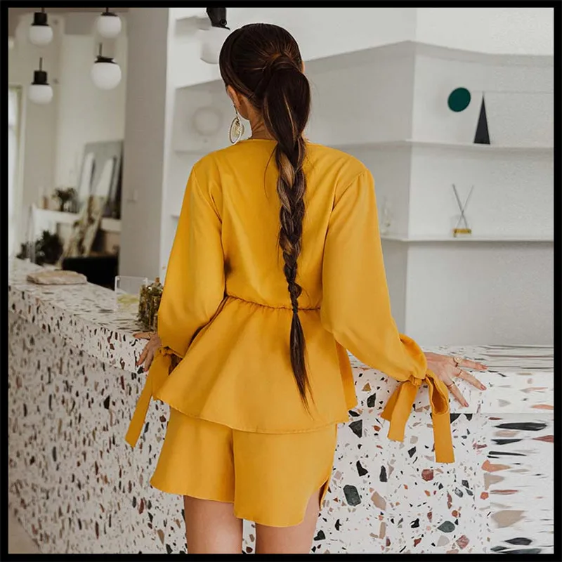

High Quality Yellow Two-piece Feminine V-neck Long-sleeved Lace-up Ruffled Design Top And Loose Shorts Suit 2021 Women