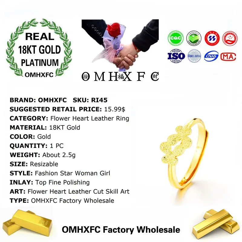 OMHXFC Wholesale European Fashion Woman Girl Party Birthday Wedding Gift Flower Bowknot Feather Heart 18KT Real Gold Ring RI45 | Украшения
